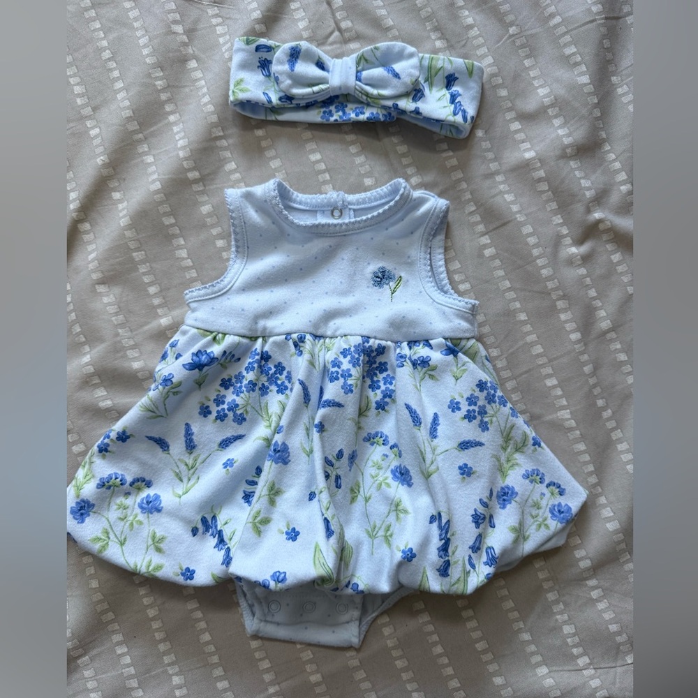 Little Me Light Blue Onesie dress with matching bow
